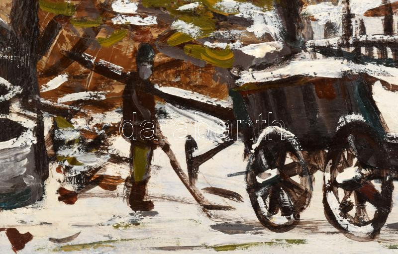 Arató István (1922-2010): Behavazott kert. Olaj, farost, jelzett. Dekoratív fakeretben. 40x50 cm - Image 2