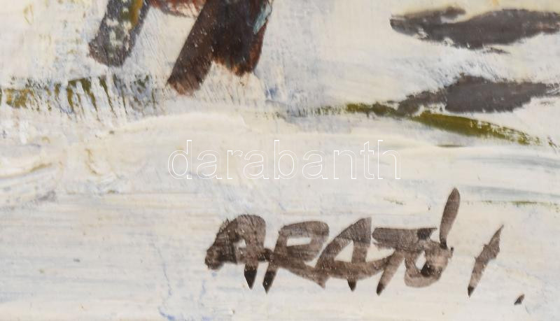 Arató István (1922-2010): Behavazott kert. Olaj, farost, jelzett. Dekoratív fakeretben. 40x50 cm - Image 3