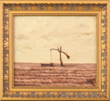 Koch Vilmos (1927-2006): Gémeskút. Olaj, farost, jelzett, hátoldalán autográf felirattal, dekoratív fakeretben, 20x25 cm