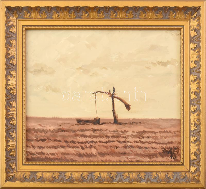 Koch Vilmos (1927-2006): Gémeskút. Olaj, farost, jelzett, hátoldalán autográf felirattal, dekoratív fakeretben, 20x25 cm