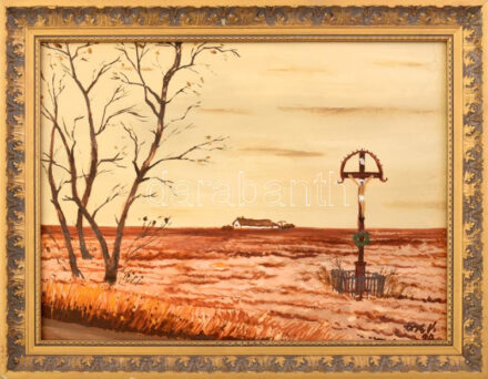 Koch Vilmos (1927-2006): Útmenti kereszt. Olaj, farost, jelzett, hátoldalán Vizualart Alkotóközösség címkéjén feliratozott, dekoratív fakeretben, 30x40 cm