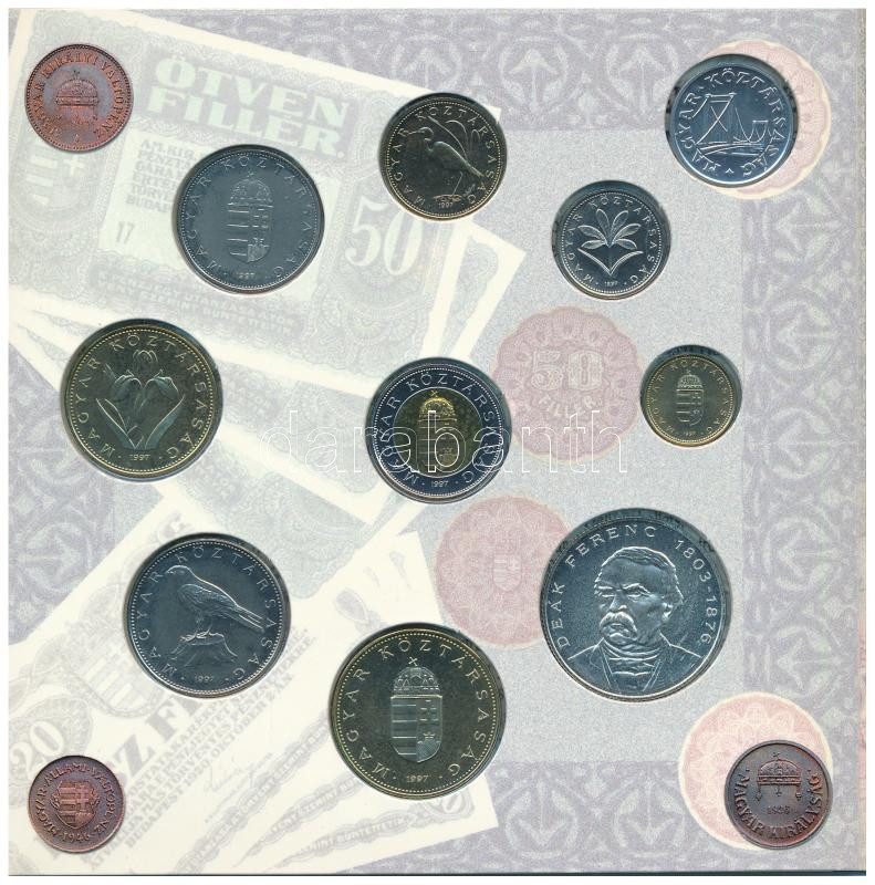 1997. 10f-100Ft (10xklf) 'Magyarország pénzérméi' forgalmi sor dísztokban. A tokon a ragasztás részben elengedett. T:BU patina Adamo FO30 - Image 3