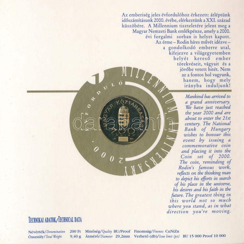 2000. 1Ft-100Ft (7xklf) forgalmi sor szettben + '200Ft Millenium' T:BU patina, belső tokon a ragasztás részben elengedett Adamo FO33 - Image 3