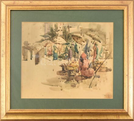Olvashatatlan jelzéssel: Piac. Akvarell, papír. Üvegezett, dekoratív fakeretben, 37×29 cm