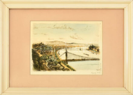 Élesdy István (1912-1987): Budapesti panoráma régi Erzsébet híddal. Színezett rézkarc, papír, jelzett. Üvegezett fa keretben, 17x23 cm