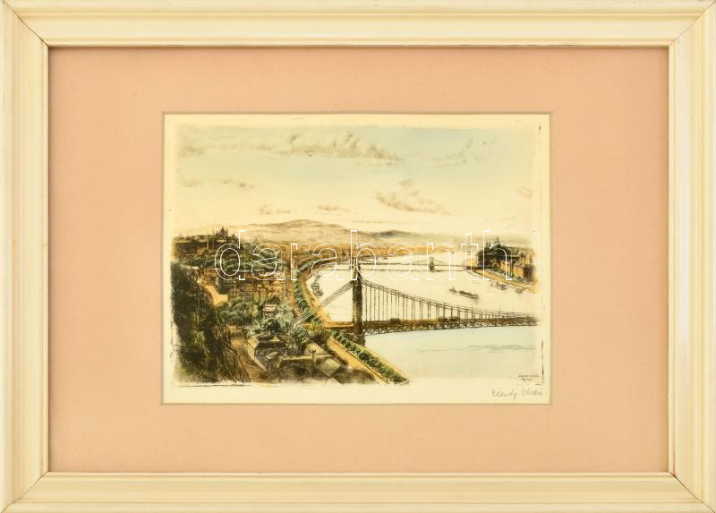 Élesdy István (1912-1987): Budapesti panoráma régi Erzsébet híddal. Színezett rézkarc, papír, jelzett. Üvegezett fa keretben, 17x23 cm