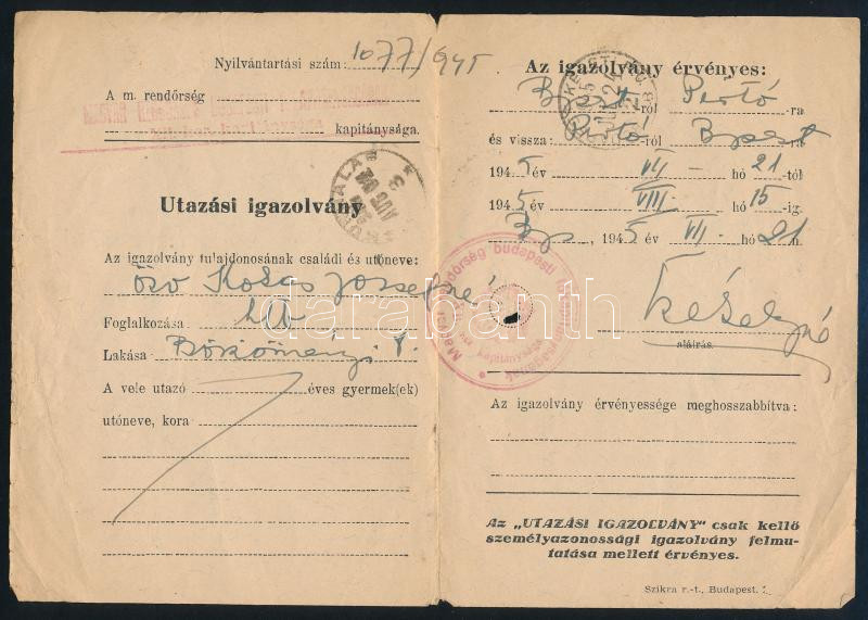 1945 Bp., utazási igazolvány özv. Kokas Józsefné részére kiállítva, rendőrségi bélyegzőkkel