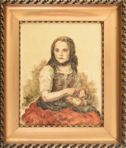 Glatz Oszkár (1872-1958) - Prihoda István (1891-1956): Almát hámozó lány. Színezett rézkarc, papír, jelzés nélkül. Üvegezett, dekoratív fakeretben, 34,5x27 cm
