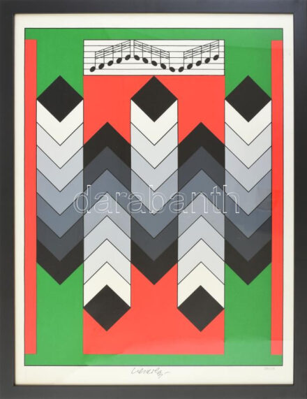 Victor Vasarely (1908-1997): Pentaton dallam. Szitanyomat, papír. Jelzett, sorszámozott 200/28. Üvegezett keretben . 58x44 cm