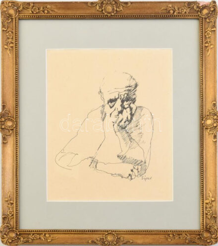 Eigel István (1922-2000): Gondolkodó. Tus, papír, jelezve jobbra lent. Üvegezett, dekoratív, sérült fakeretben, 21×16 cm