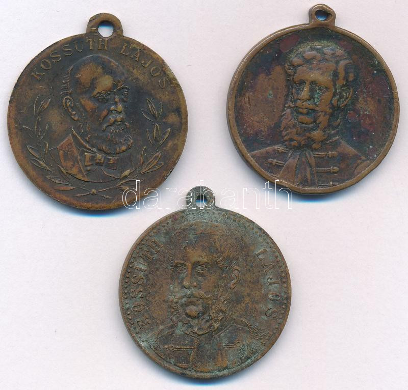 1894. 'Kossuth Lajos / Dicső korszak lánglelkű alkotója' bronz emlékmedál füllel (29mm) + 1902. 'Kossuth Lajos 1802-1902' kétoldalas Cu emlékérem füllel (29mm) + DN 'Kossuth Lajos / Szabadság, egyenlőség, testvériség - 1848'
