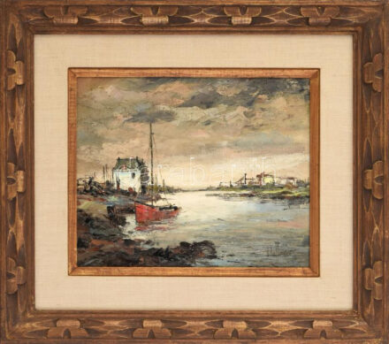 Olvashatatlan jelzéssel: Vitorlás. Olaj, vászon. Dekoratív fakeretben. 25×30 cm