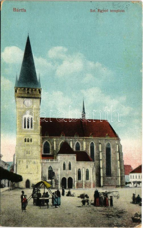 1918 Bártfa, Bardiov, Bardejov; Szt. Egyed templom, piac. Özv. Ábrahámovitsné nagytőzsde kiadása / church, market (EK)