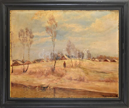 Horváth Sándor (1870-1913): Hazafelé a hóban. Olaj, karton, jelezve jobbra lent. Antik, kissé sérült fakeretben. 68x85 cm