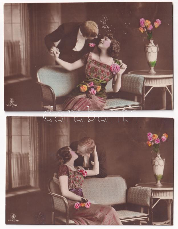 5 db RÉGI finoman erotikus képeslap csókolózó párral / 5 pre-1915 gently erotic postcards with kissing couples - Image 2
