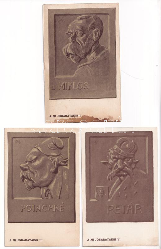 A Mi Jóbarátaink - 10 db régi első világháborús magyar propaganda képeslap, gúnyrajzok Bér szignóval - Image 2