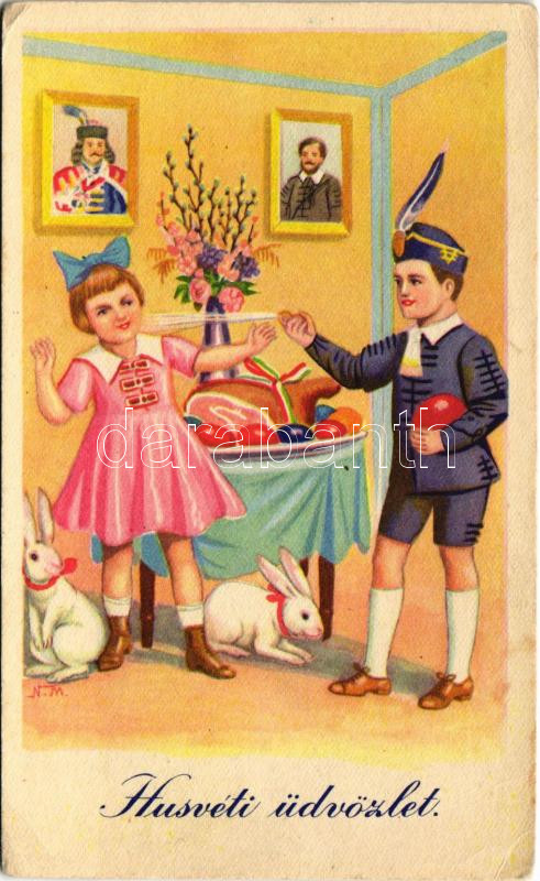 Húsvéti üdvözlet, magyar levente fiú, propaganda Rákóczi Ferenc és Kossuth portréjával. ETE 526. (EK)