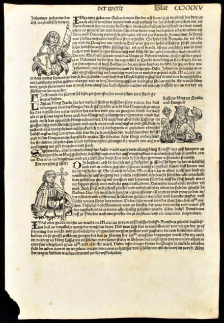 1493 A Hartmann Schedel krónika egy lapja , rajta Ulászló magyar király, valamint pápák (VII. Innocentus, Győrgy, V: Sándor, ) Johannes Galliculus zeneteoretikus, fametszetű képeivel.felül vágott. / 1493 wood engraving from the Hartmann