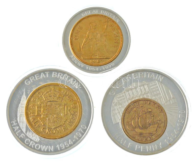 Nagy-Britannia DN 'A brit valuta története' kétoldalas, ezüstözött fém emlékérem, benne aranyozott forgalmi érmével (3xklf) T:PP United Kingdom ND 'History of British currency' two-sided silvered metal medallion, within gilt circulating - Image 2