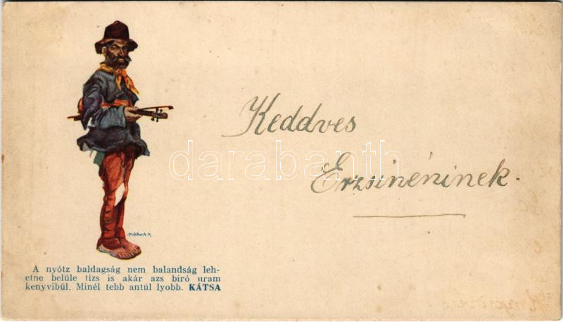 Kátsa (cigány muzsikus), / Gypsy musician with violin, Hungarian folklore s: Mühlbeck K. (ázott / wet damage)