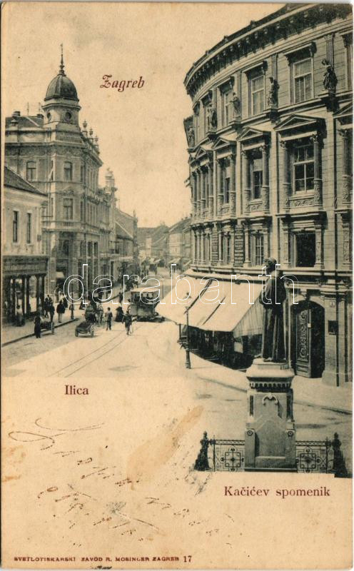 Zagreb, Zágráb; Ilica, Kacicev spomenik / monument, street view, tram (fl)