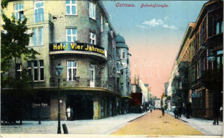 Ostrowo, Bahnhofstraße, Hotel Vier Jahreszeiten / street view, hotel, hairdresser (EK)
