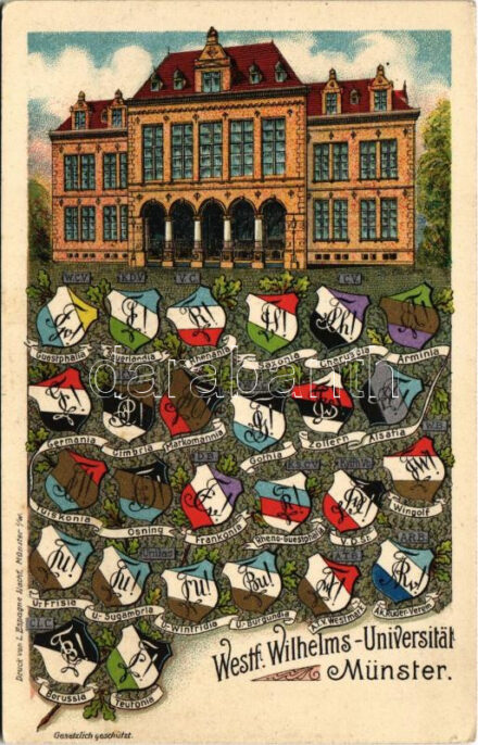 Westf. Wilhelms-Universität Münster. Druck von L. Espagne Nachf. / German university, student fraternity, Studentica. Art Nouveau, litho (fa)