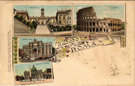 Roma, Rome; Campidoglio, Colosseo, Fontana di Trevi, Basilica di S. Pietro. Art Nouveau, floral, litho (fl)