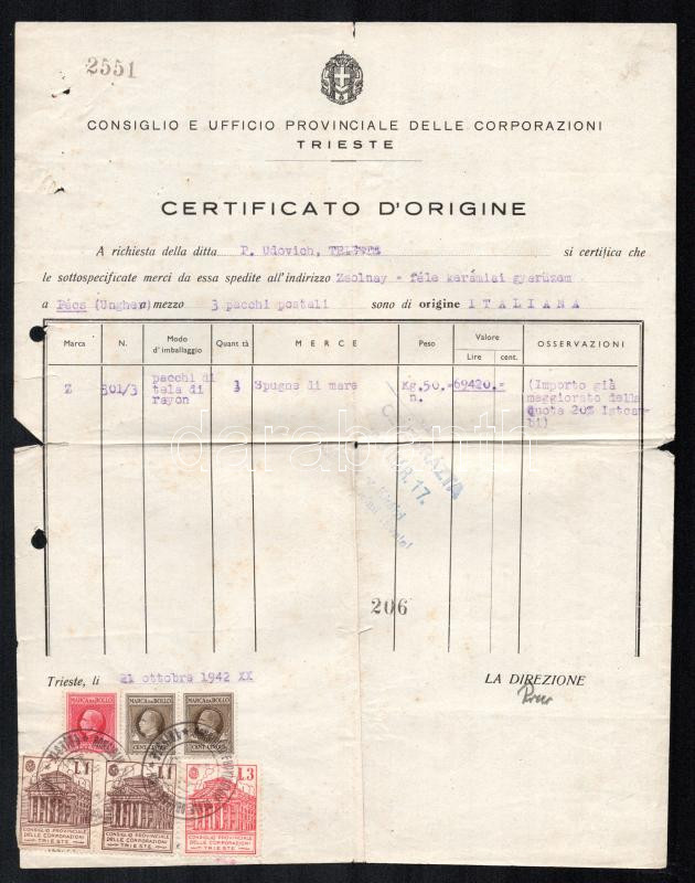 Trieszt 1942 Származási bizonyítvány okmánybélyegekkel és helyi okmánybélyegekkel