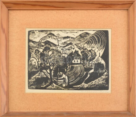 M. Makkai Piroska (1910-1998): Falusi életkép. Linómetszet, papír, jelzett. Paszpartuban, üvegezett fa keretben, 15,5x20,5 cm