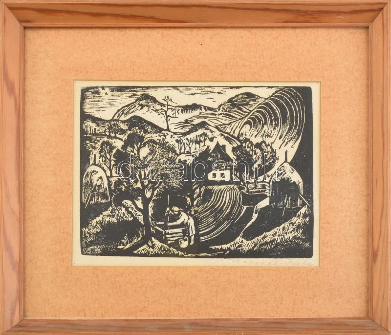 M. Makkai Piroska (1910-1998): Falusi életkép. Linómetszet, papír, jelzett. Paszpartuban, üvegezett fa keretben, 15,5x20,5 cm