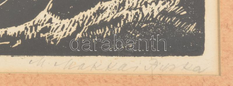 M. Makkai Piroska (1910-1998): Falusi életkép. Linómetszet, papír, jelzett. Paszpartuban, üvegezett fa keretben, 15,5x20,5 cm - Image 2