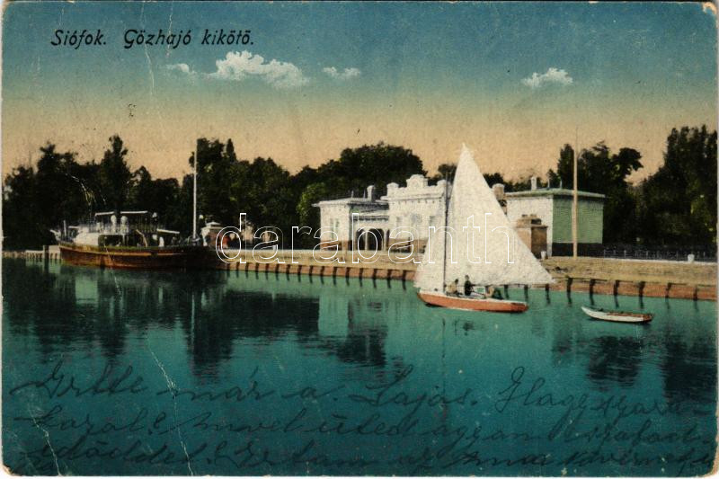 Siófok, gőzhajó kikötő, vitorlás (fa)