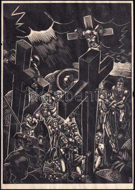 Dallos Hanna (1907-1944): 'Miképpen mi is megbocsátunk', fametszet, papír, jelzett a dúcon, körbevágva, lapszéli apró sérülésekkel, 28,5x20,5 cm