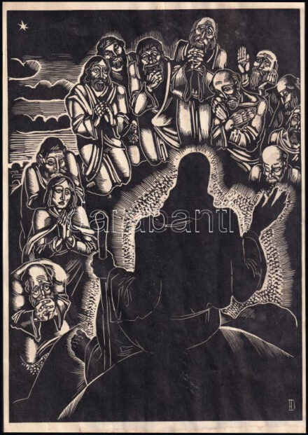 Dallos Hanna (1907-1944): 'Ti azért így imádkozzatok', fametszet, papír, jelzett a dúcon, lapszéli foltokkal, 28,5x20 cm