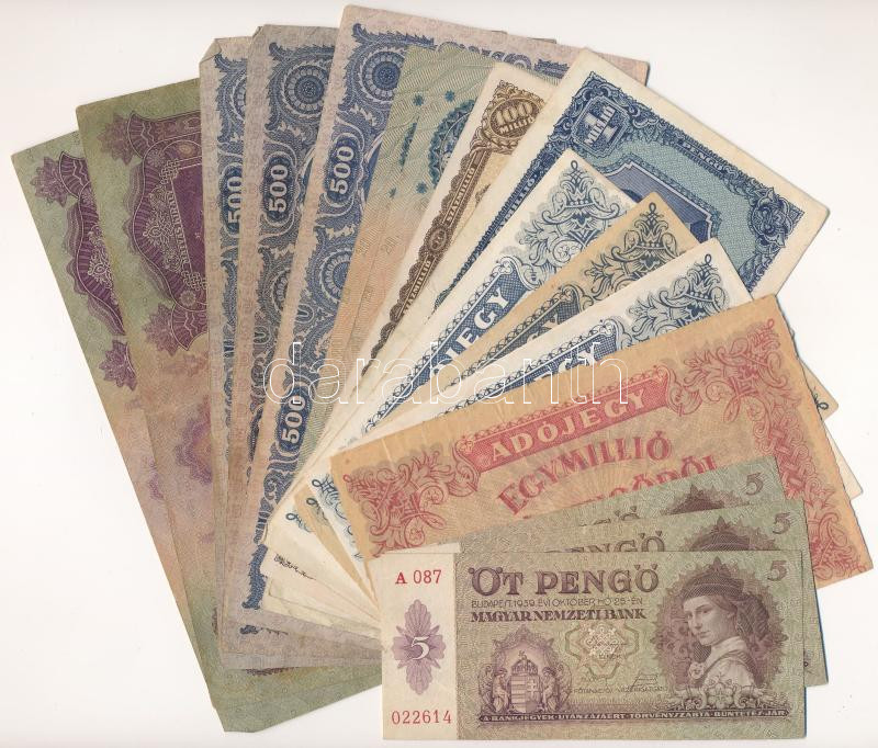 1930-1946. 16db-os Pengő bankjegytétel, közte 1945. 500P magyar 'N' betű orosz 'P' helyett + 1946. 1.000.000AP 'Magyar Királyság' vízjeles papíron, hátlapon fordított címer, eltolódott hátlapi nyomat (a sorban következő bankjegy alja