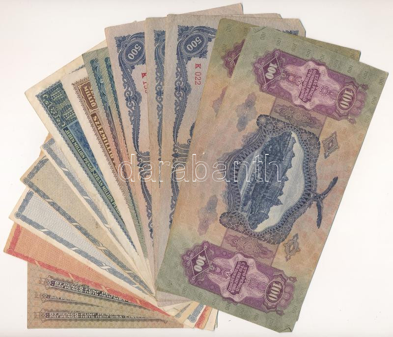 1930-1946. 16db-os Pengő bankjegytétel, közte 1945. 500P magyar 'N' betű orosz 'P' helyett + 1946. 1.000.000AP 'Magyar Királyság' vízjeles papíron, hátlapon fordított címer, eltolódott hátlapi nyomat (a sorban következő bankjegy alja - Image 2
