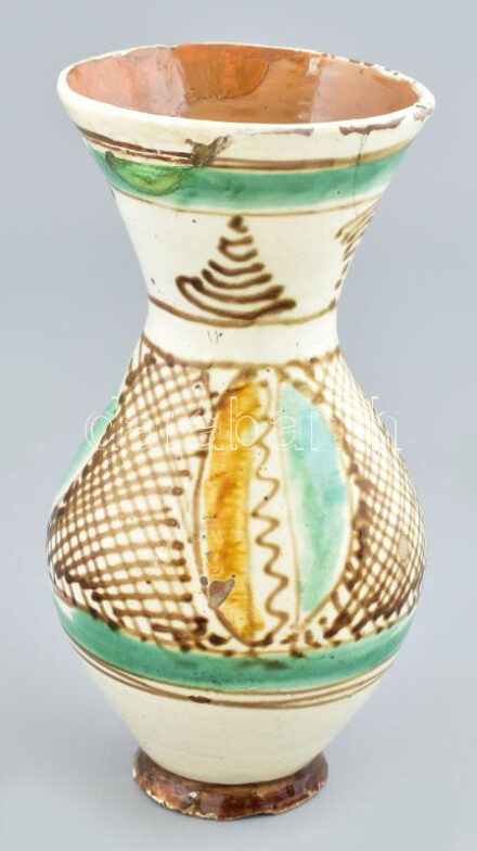 Mázas kerámia bokály, restaurált, lepattanásokkal, m: 20 cm