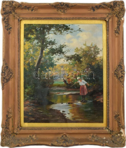 Szontágh Tibor (1873-1930): Lány a pataknál. Olaj, vászon, jelzett (jobbra lent). Dekoratív, üvegezett fakeretben, a kereten sérülésekkel, 49x39 cm