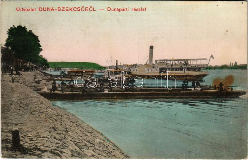 1912 Dunaszekcső, Dunapart, kikötő, gőzhajó (fl)