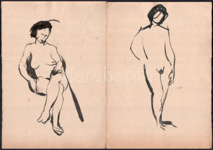 Jelzés nélkül: 2 db női akt tanulmányrajz. Tus, papír. Hajtásnyommal, lapszéli szakadással, 30x21 cm