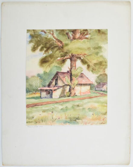 Sostarics Lajos (1896-1968): Római fürdő, 1949. Akvarell, papír, jelzett, kartonra kasírozva, 22,5×19 cm