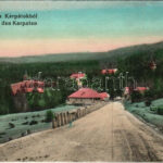 Kárpátok, utca. Reklám kiadása Munkács Fő utca 15. / road in the Carpathian Mountains