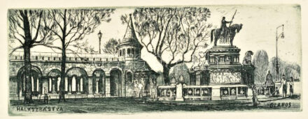 Blahos Rudolf (1917-1986): Halászbástya, rézkarc, papír, jelzett a karcon, üvegezett keretben, 7,5×19,5 cm