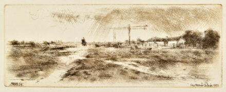 Gy. Molnár István (1933-2010): Alföldi táj. Rézkarc, papír, jelzett a karcon, 7,5x19 cm