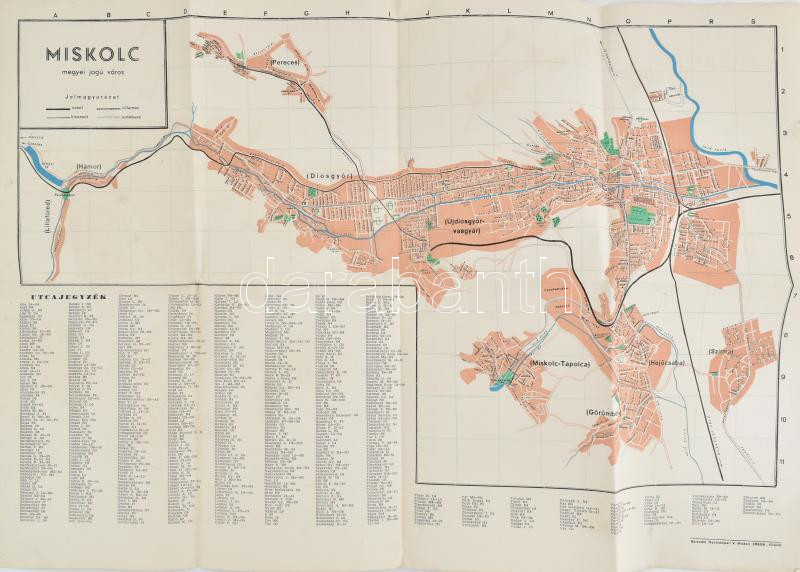 cca 1950-1960 Miskolc megyei jogú város térképe. Miskolc, Borsod m. Nyomdaipari Vállalat, 33x55 cm, teljes: 41x58 cm