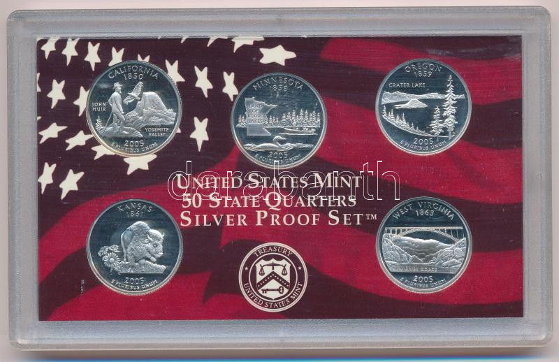 Amerikai Egyesült Államok 2005S 1/4$ Ag (5xklf) '50 állam negyed dollárosok' műanyag tokos szettben, benne: California, Minnesota, Oregon, Kansas, West Virginia T:PP USA 2005S 1/4 Dollar Ag (5xdiff) '50 State Quarters' set in plastic case,