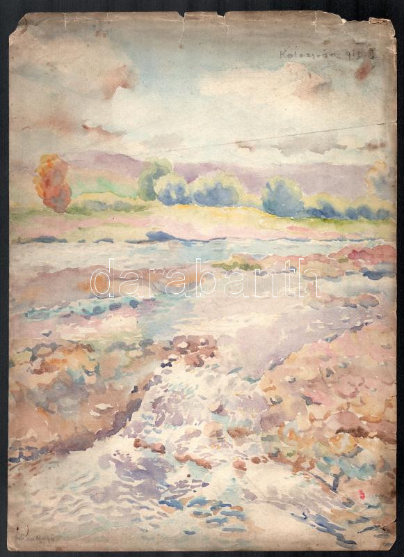 Johan Hugó (1891-1956): Kolozsvár környéki táj (Erdély), 1913. Akvarell, papír, jelezve balra lent: Johan Hugó, jobbra fent. Kolozsvár 913. Proveniencia: Johan Hugó hagyatéka. Sérült. 35x25,5 cm. / watercolour on paper, signed.