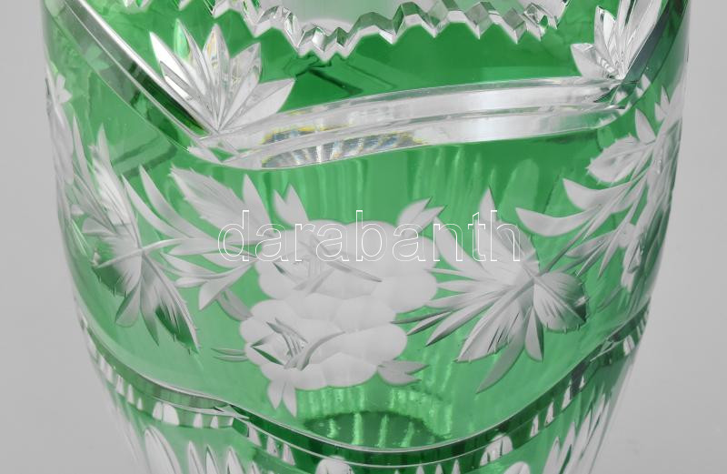 Nagy méretű zöld-fehér kristály váza. Virág mintás, csiszolt, hibátlan 30 cm - Image 2