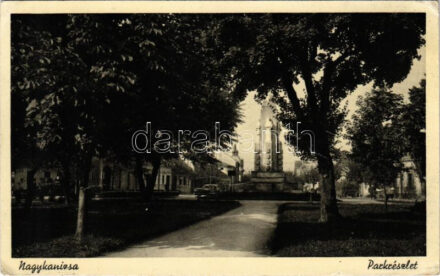 1939 Nagykanizsa, park részlet, emlékmű, autó (EK)